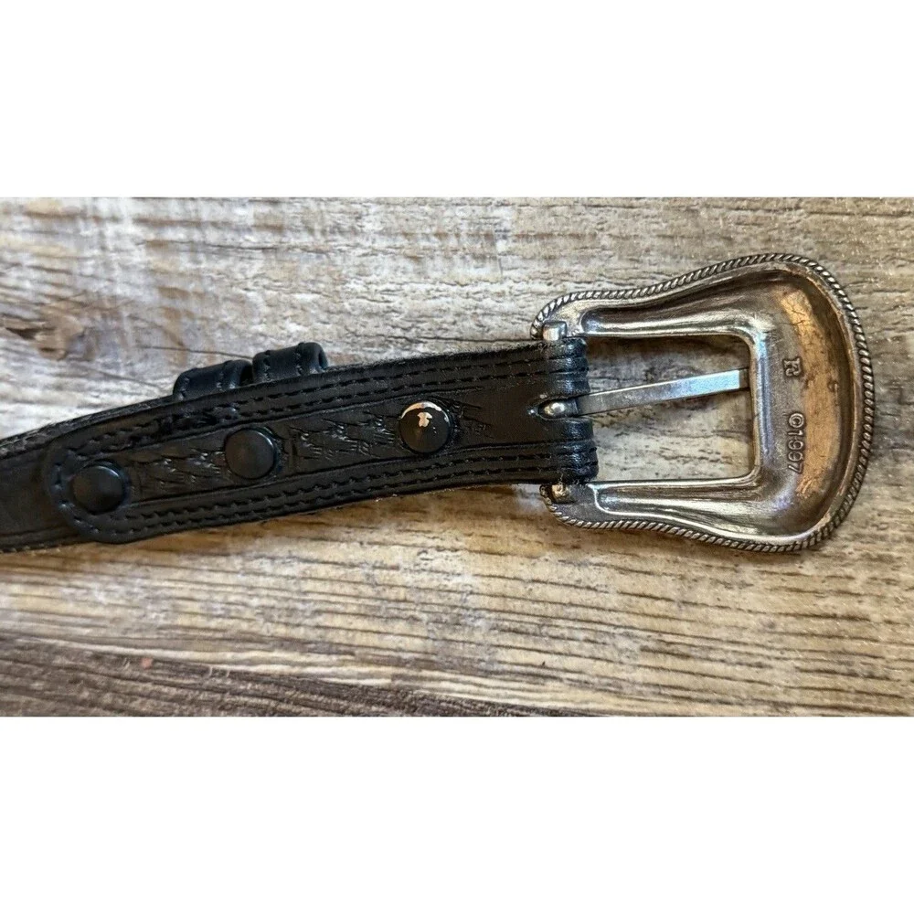 Vtg Vogt Black Leather Western Belt 46 Basketweave Tooled Silver Engraved Buckle